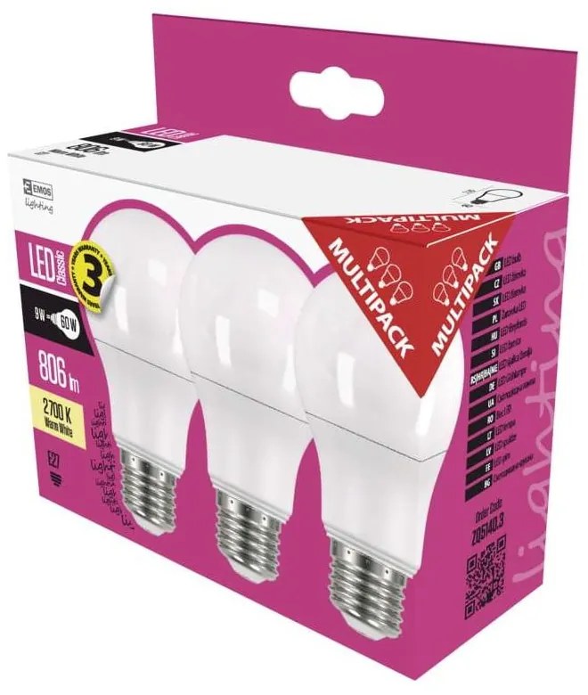 Súprava 3 LED žiaroviek EMOS Classic A60 Warm White, 8,5W E27