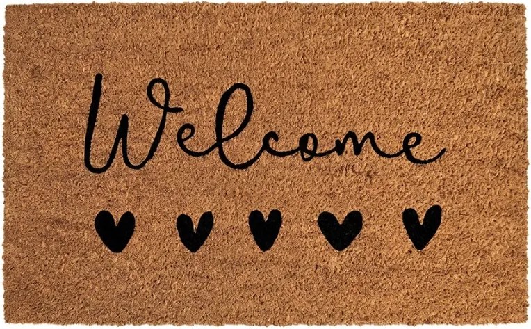 Hnedá kokosová rokožka so srdiečkami Welcome - 75*45*1 cm