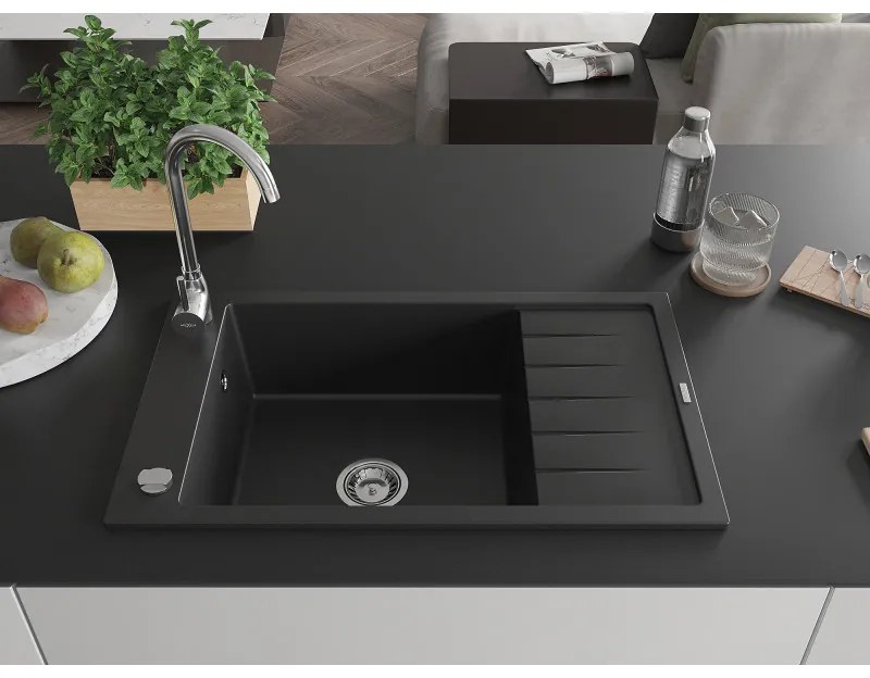 Mexen Elias, granitový drez granitový 795x480x200 mm, 1-komorový, čierna s chrómovým sifónom, 6511791005-77