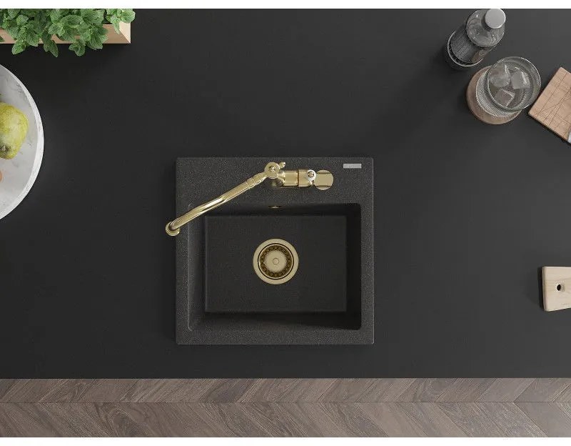 Mexen Milo, granitový drez 435x410x171 mm, 1-komorový a drezová batéria Carla, čierna škvrnitá, 6505-76-670700-50