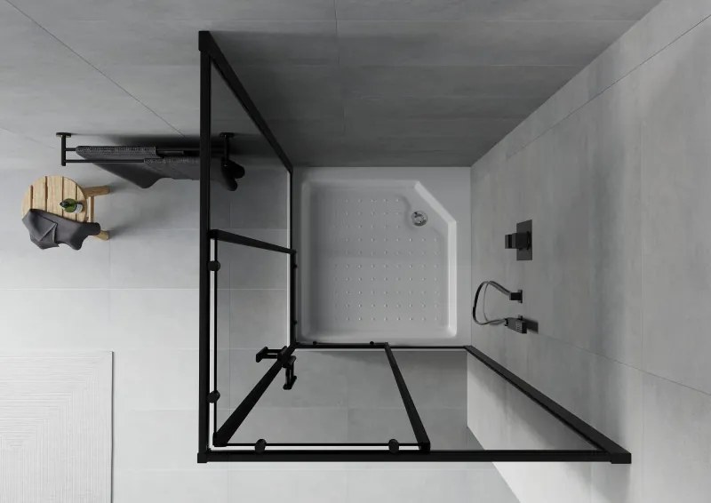 Mexen Rio, štvorcový sprchovací kút s posuvnými dverami 90(dvere) x 90(dvere) x 190 cm, 6mm šedé sklo, čierny profil + biela sprchová vanička RIO, 860-090-090-70-40-4510