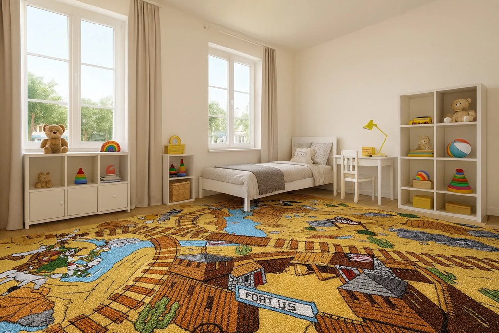 AKCIA: 120x170 cm Detský kusový koberec Western - obšitý zo všetkých strán, šíře, viacfarebná, filc, detská izba, AladinWorld Expres