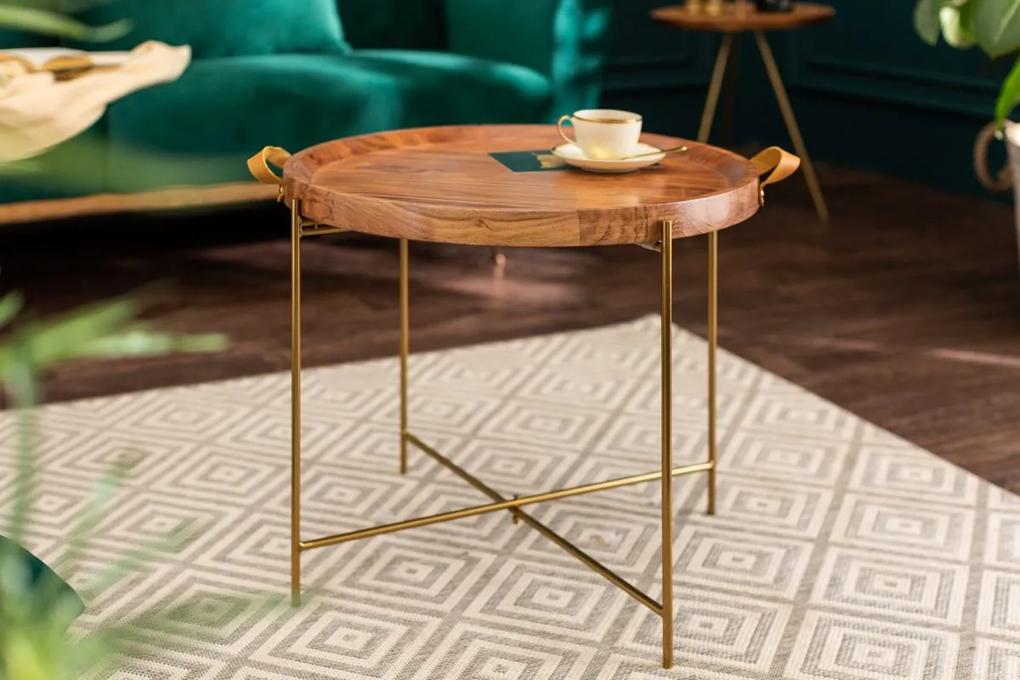 Dizajnový konferenčný stolík Freddo 55 cm akácia - zlatý