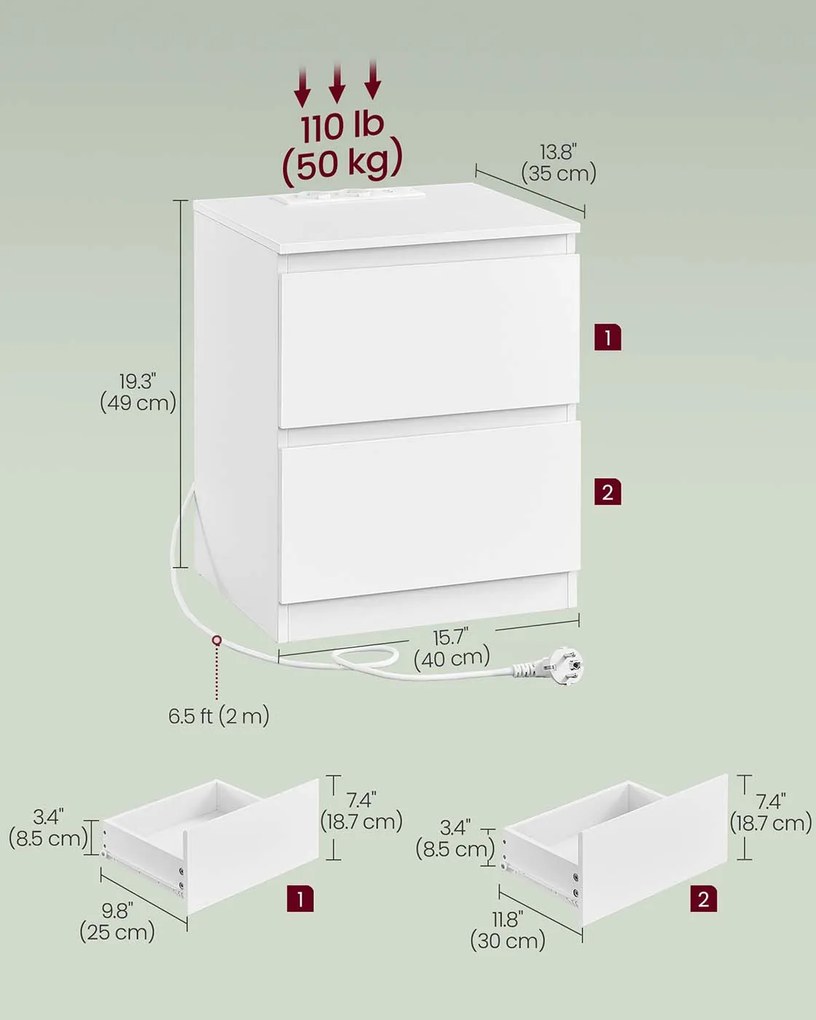 Sada 2 ks nočných stolíkov Vasagle Girgo so zásuvkou a USB portmi biela II