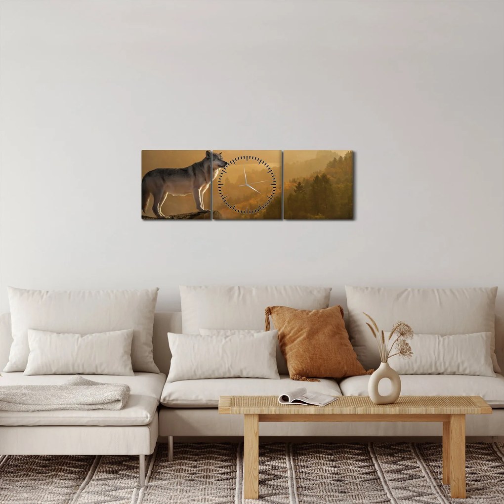 Obraz vlka na skale (s hodinami) (90x30 cm)