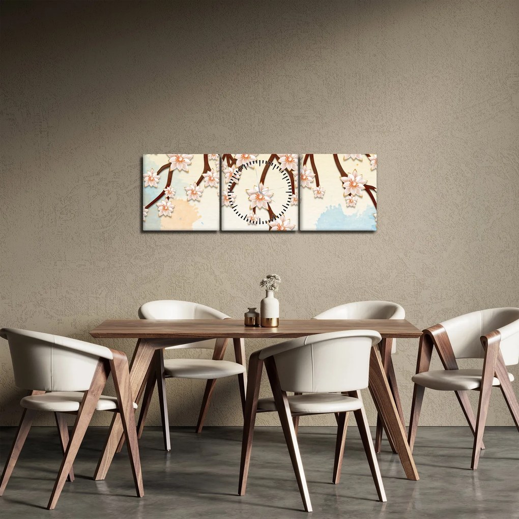 Obraz - Kvety na vetvách, farebné (s hodinami) (90x30 cm)