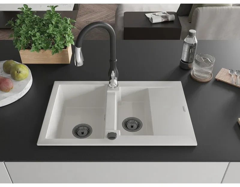 Mexen Gaspar, 1,5-komorový granitový drez 737x475x177 mm a drezová batéria Savita, biela, 6507-20-672601-70