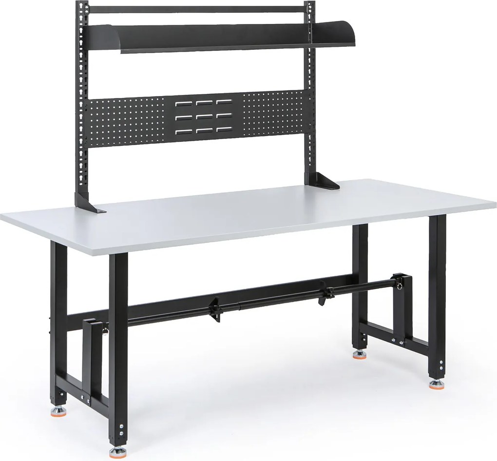 Výškovo nastaviteľný baliaci stôl PROFI, 1800 × 800 × 790–940 mm s s nadstavbou a držiakom role