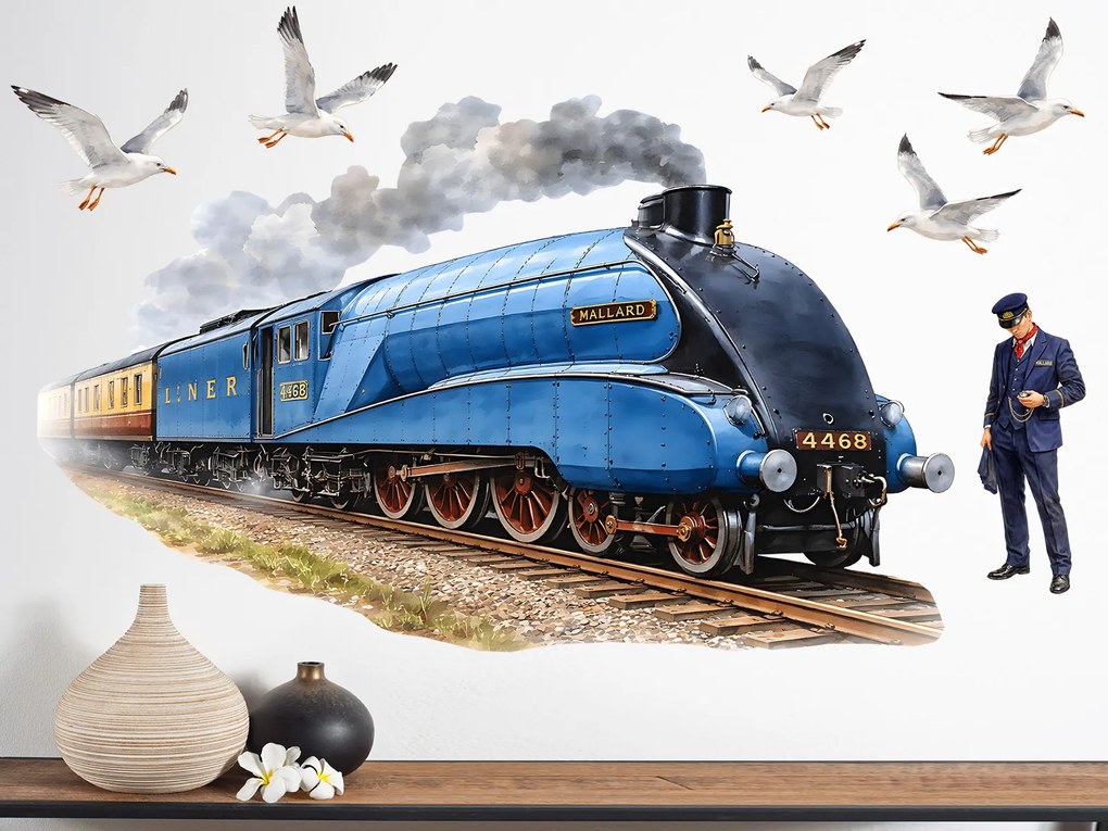 Vlak Mallard textilní prelepiteľná nálepka na stenu hárok 75 x 46 cm