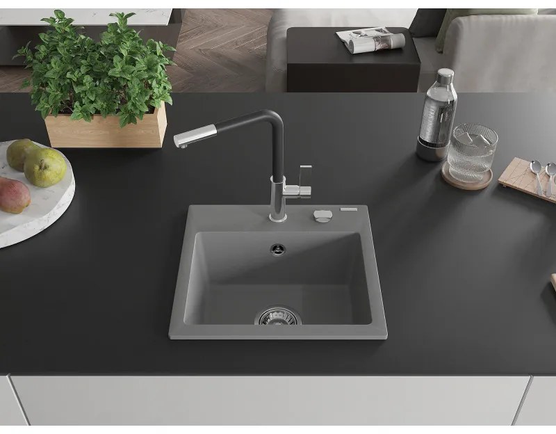 Mexen Milo, 1-komorový granitový drez 435x410x171 mm a drezová batéria Flora, šedá, 6505-71-670401-07