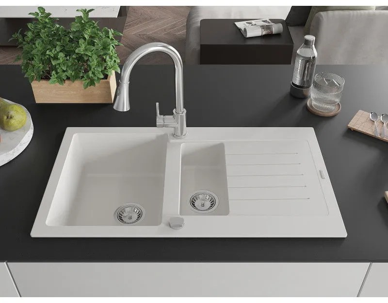 Mexen Matias, 1,5-komorový granitový drez 900x505x200 mm a drezová batéria Elia, biela, 6502-20-670101-00