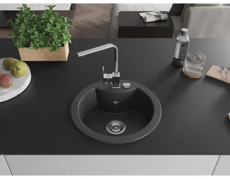 Mexen Diego, 1-komorový granitový drez 488x488x167 mm, chrómový sifón, chrómová matná batéria Rita, čierny škvrnitý, 6512-76-670300-00