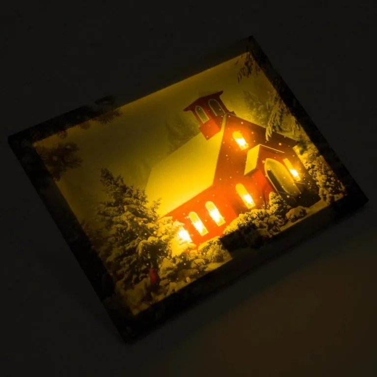 Nexos 74525 Nástenná maľba- Zasnežená kaplnka, 6 LED, 30 x 40 cm