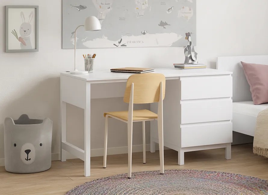 Písací stôl do detskej izby Eva z borovice a MDF biely 140cm