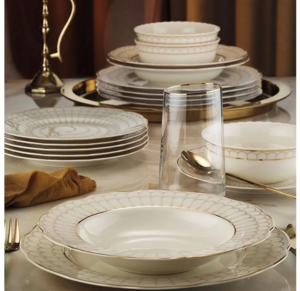 24-dielna jedálenská súprava, biela so zlatými detailmi, porcelánová