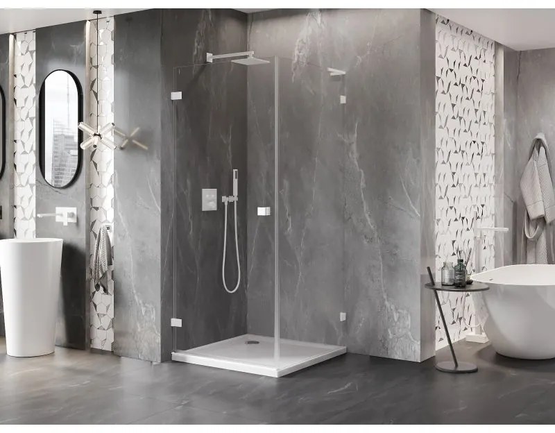 Mexen Lunar-B L, výklopný sprchový kút ľavý 80 x 80 cm, 8mm číre sklo, biely profil, 832L-080-080-20-00-L