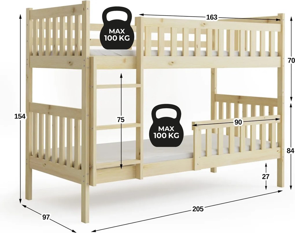 Poschodová posteľ KUBO 200x90 borovica (bez zásuvky)