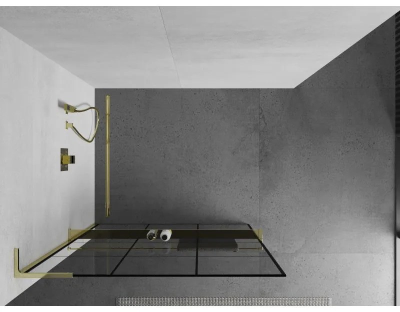 Mexen Kioto+ L, sprchová zástena Walk-In s poličkou a vešiakom 120 x 200 cm, 8mm číre sklo čierny vzor, zlatý lesklý profil,800-120-123-50-77
