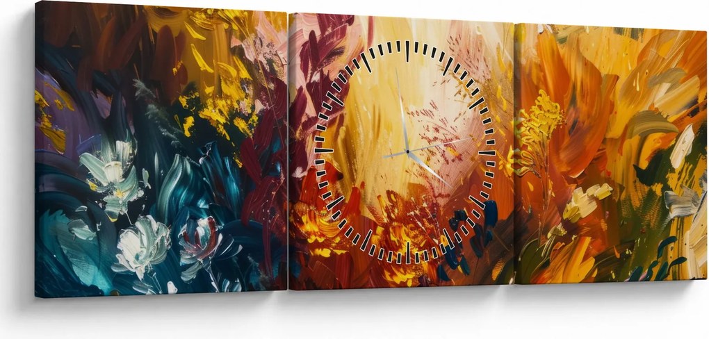 Obraz - Abstraktná maľba kvetov (s hodinami) (90x30 cm)
