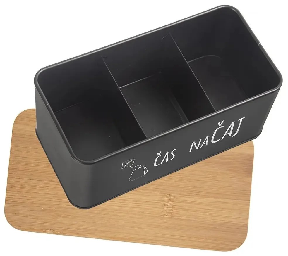 Orion Dóza na čaj, plechová s bambusovým vekom, čierna – ČAS NA ČAJ