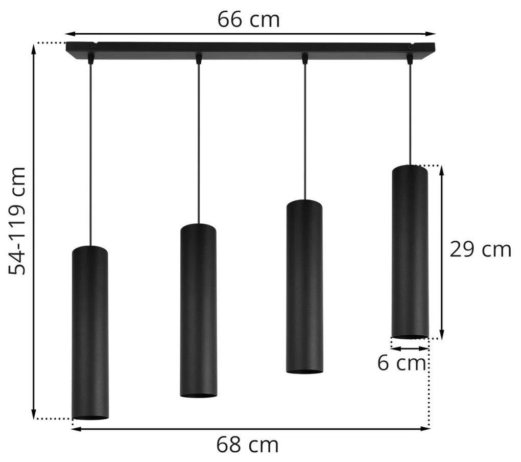 Závesné svietidlo Tuba, 4x čierne kovové tienidlo