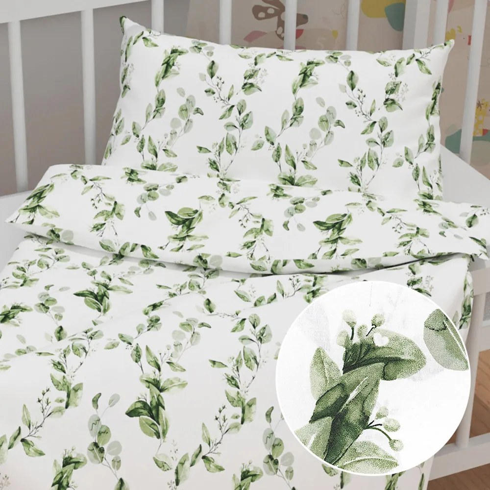 Biante Detské bavlnené posteľné obliečky do postieľky Sandra SA-422 Zelené listy na bielom Do postieľky 90x120 a 40x60 cm