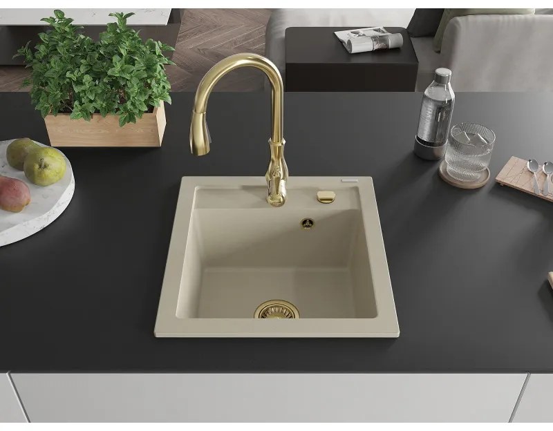 Mexen Vito, 1-komorový granitový drez 520x490x210 mm a drezová batéria Savita, béžová, 6503-69-672601-50