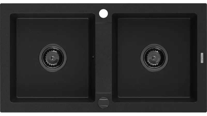 Mexen Mario, granitový drez 820x436x161 mm, 2-komorový, čierna s čiernym sifónom, 6504822000-77-B