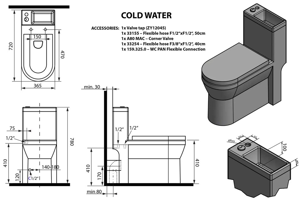 Aqualine, HYGIE WC kombi s umývadielkom + sedátko, zadný/spodný odpad, biela, PB104