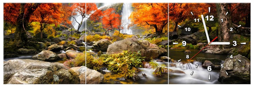 Gario Obraz s hodinami Jesenný vodopád - 3 dielny Rozmery: 80 x 40 cm