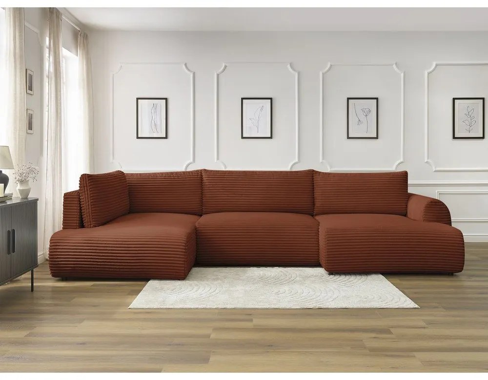 Menčestrová rozkladacia/s úložným priestorom rohová pohovka v tehlovej farbe (ľavý roh/do tvaru "U") Lucien – Bobochic Paris