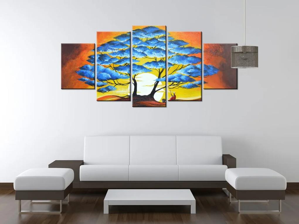 Gario Ručne maľovaný obraz Odpočinok pod modrým stromom - 5 dielny Rozmery: 150 x 105 cm