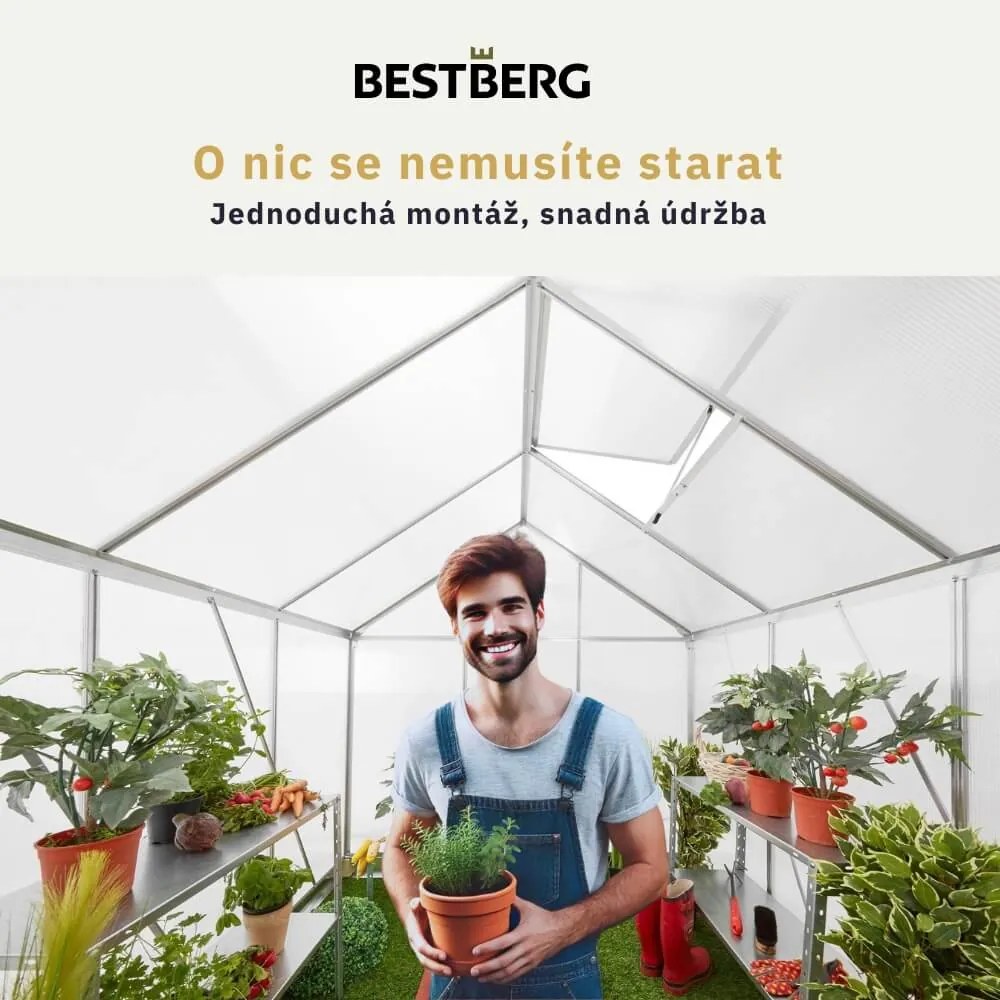 Skleník so základňou BestBerg SBP-4 / 3,6 m² / 190 x 190 x 201 cm / strieborná