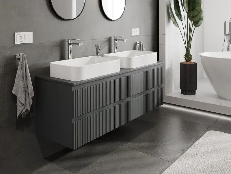 Mexen Rivel, kúpeľňová skrinka pod umývadlo 140 cm s hornou doskou, 2 zásuvky, drážkovaná, grafit matná - 91A20-14047-2-BFFC66