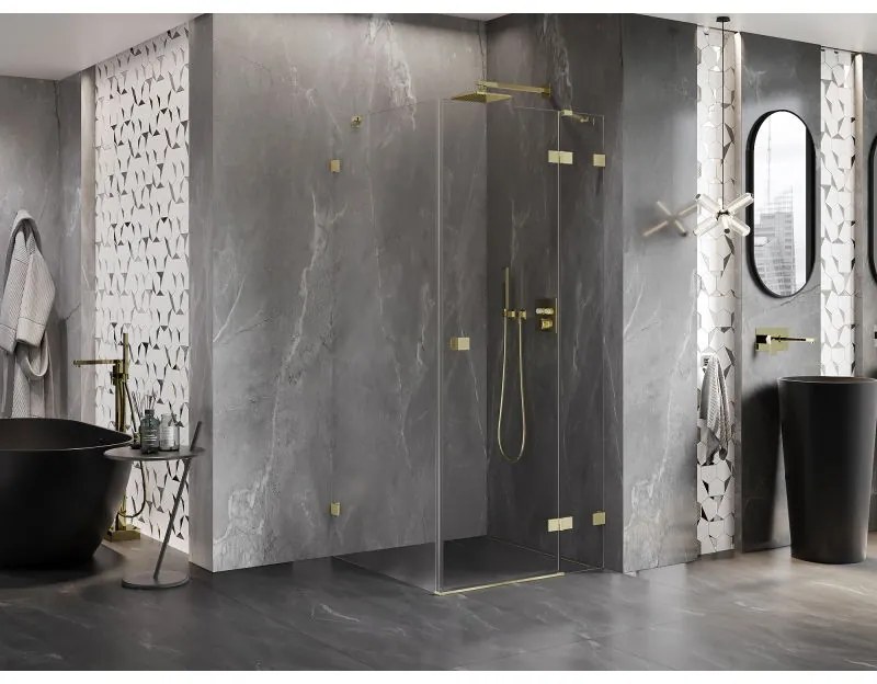 Mexen Lunar, výklopný sprchový kút pravý 90 x 90 cm, 8mm číre sklo, zlatý kartáčovaný - 834-090-090-55-00-P