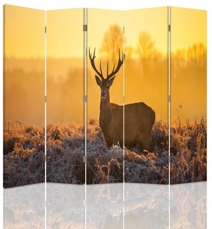 Ozdobný paraván Západ slunce s jelenem - 180x170 cm, päťdielny, klasický paraván