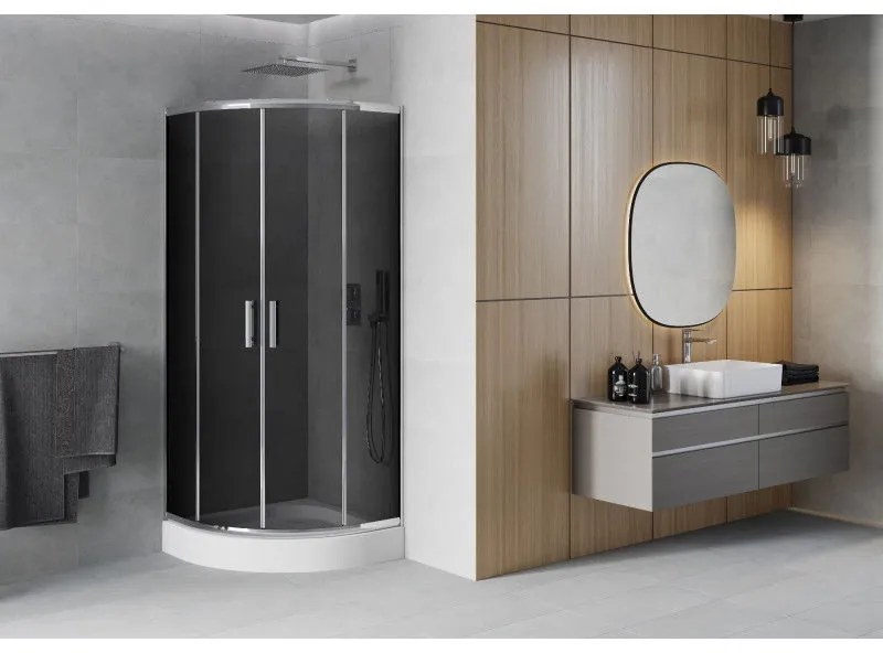 Mexen Rio, štvrťkruhový sprchovací kút s posuvnými dverami 80 x 80 cm, 6mm šedé sklo, chrómový profil + biela vysoká sprchová vanička Rio, 863-080-080-01-40-4710
