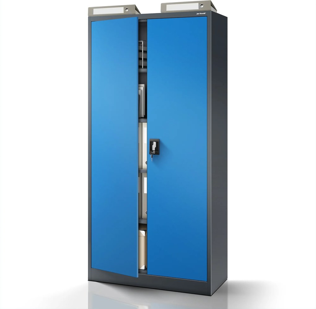 Kovová spisová skriňa JAN 900 x 1850 x 400 mm, antracitová-modrá