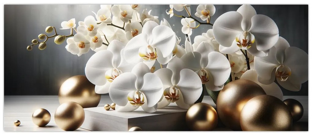 Obraz - Orchidea a zlaté gule (120x50 cm)