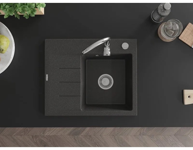Mexen Ben, 1-komorový granitový drez 600x500x190 mm, pravý + chrómový sifón, čierna škvrnitá, 6523605000-76