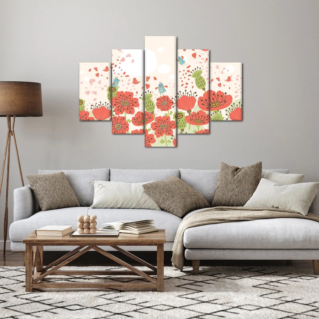 Obraz - Vtáčiky na rozkvitnutej lúke (150x105 cm)