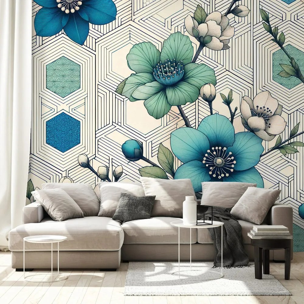 Tapeta modré kvety s geometrickým pozadím