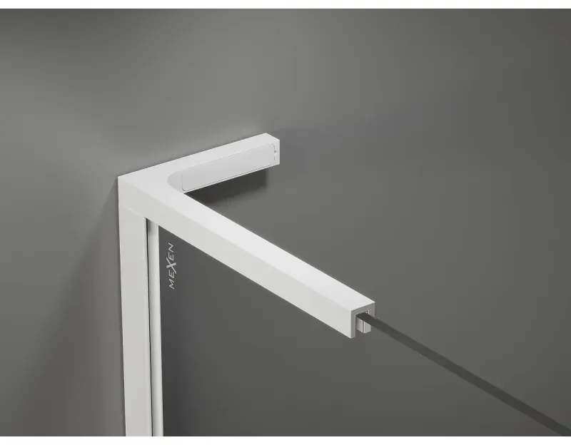 Mexen Kioto+ L, sprchová zástena Walk-In s poličkou a vešiakom 100 x 200 cm, 8mm číre sklo čierny vzor, biely profil, 800-100-123-20-78