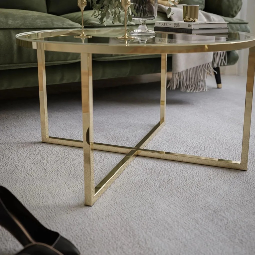 OKRÚHLY KONFERENČNÝ STOLÍK LEONARDO X ZLATÝ PODSTAVEC + SKLO