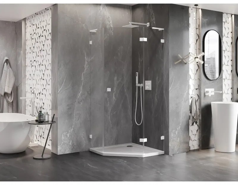 Mexen Lunar, L pravý výklopný päťuholníkový sprchový kút 80 x 80 cm, 8mm číre sklo, biely profil, 831L-080P-080L-20-00-P