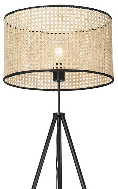 Rustikálna stojaca lampa trojnožka čierna s ratanovým tienidlom - Kata