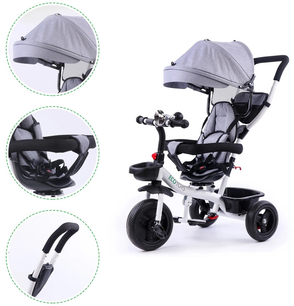 Sivá trojkolka s otočným sedadlom 360°, Ecotoys
