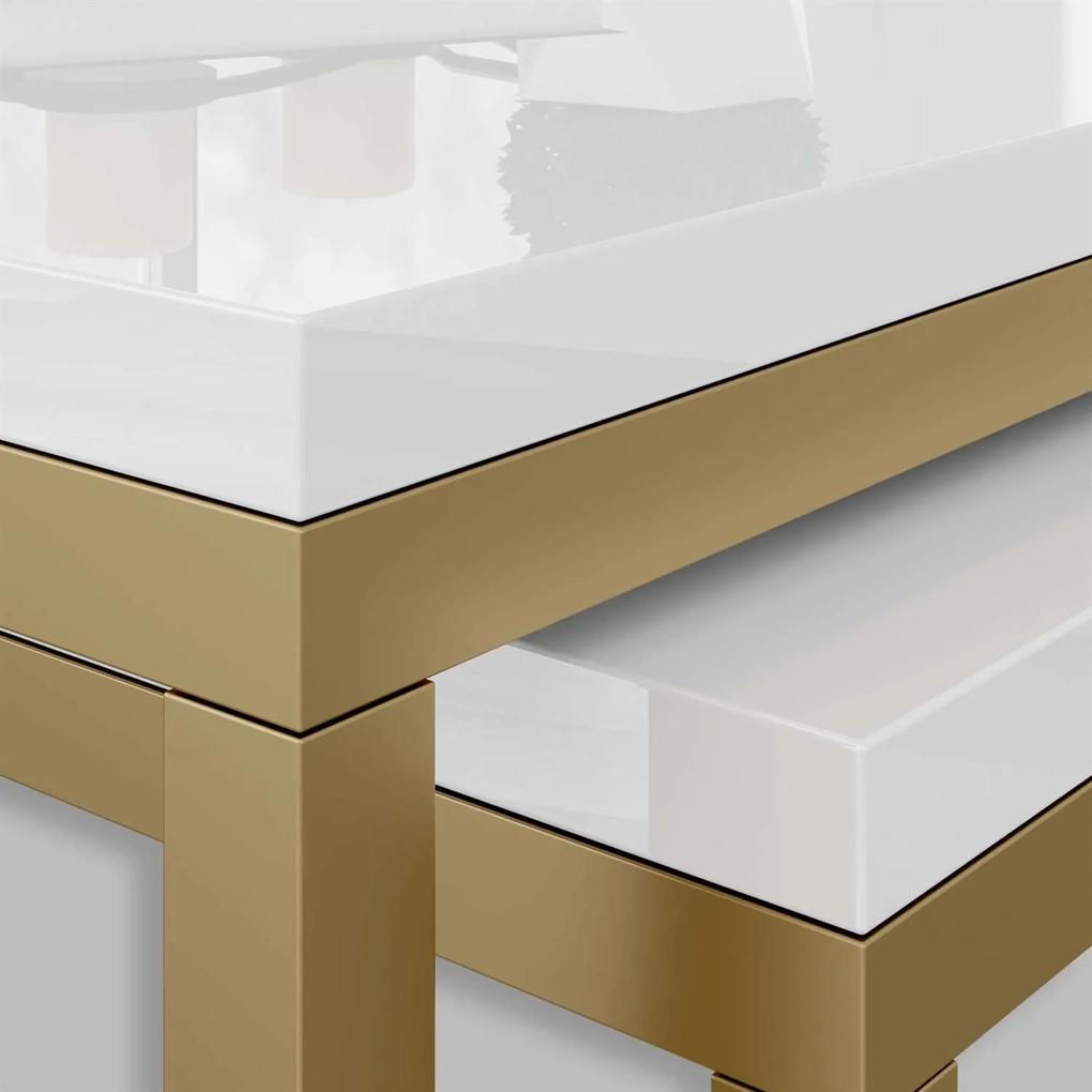 Dizajnový konferenčný stolík  2v1 Felix, biely lesk + zlatý podstavec