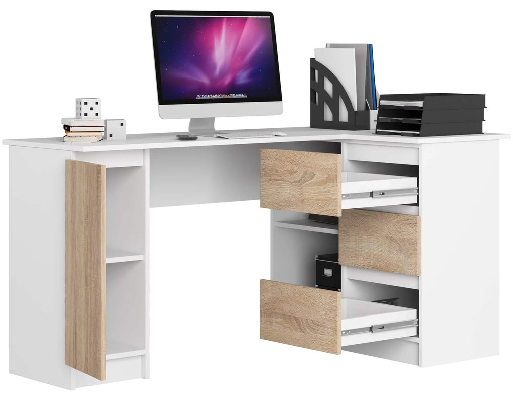 Rohový PC stolík Bevin (biela + dub sonoma) (P). Akcia -20%. Vlastná spoľahlivá doprava až k Vám domov. 1128567