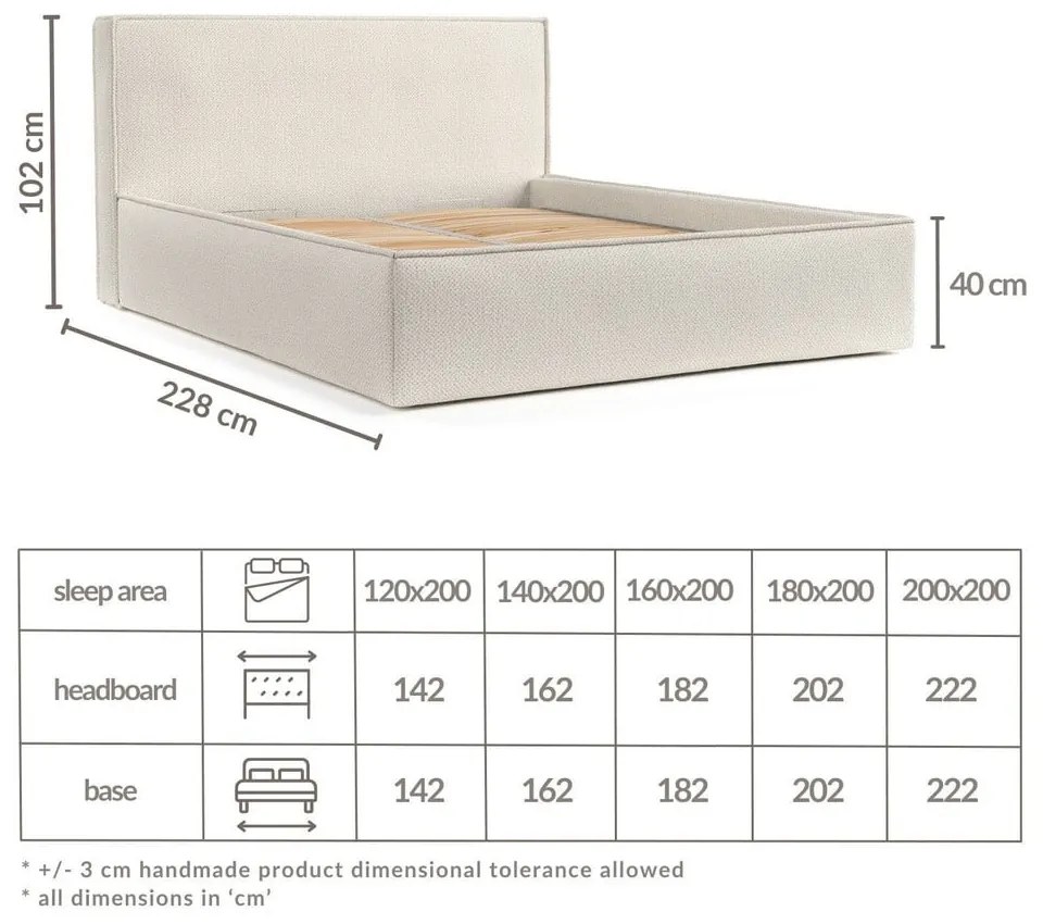 Krémová čalúnená dvojlôžková posteľ s úložným priestorom s roštom 160x200 cm Lounge L – Maison de Rêve